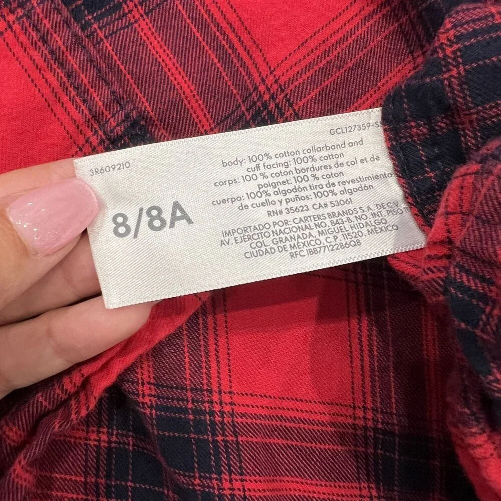 OshKosh Bgosh Youth Kids 8 Red Buffalo Check Plaid Button Front Flannel Shirt